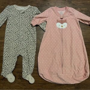 Carter's baby girl leopard print footed pajama (9M) and pink sack  (3-6M)